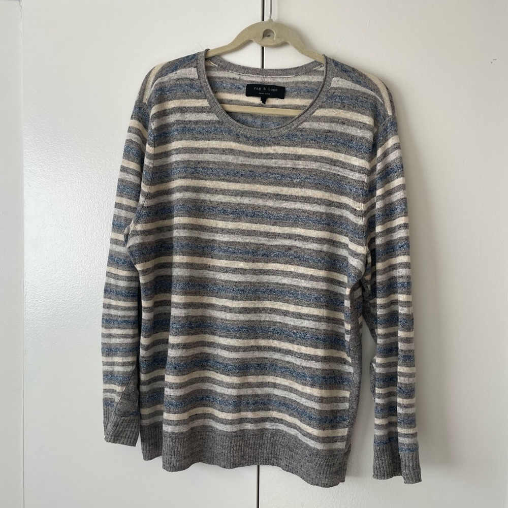 Rag & Bone Striped Linen Crewneck Sweater Gray L Long Sleeve Casual